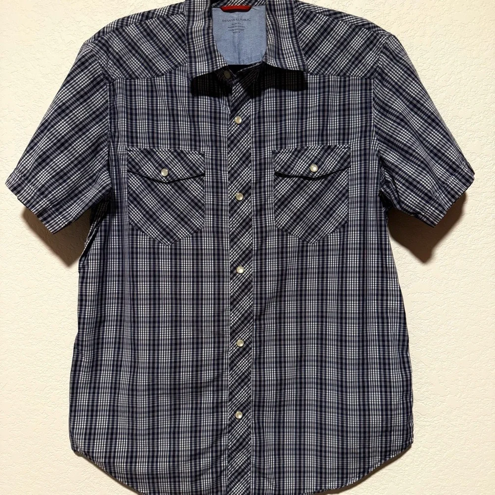 BANANA REPUBLIC Plaid Pearl Snap Button Men’s Sz MEDIUM